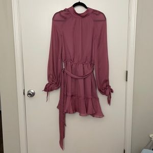 Pink balloon sleeve dress.